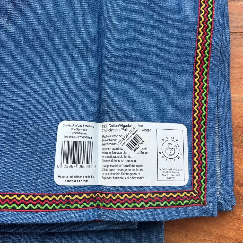 Vintage Boho Denim Placemats Napkins Set Fringe Farmhouse Table Decor NWT